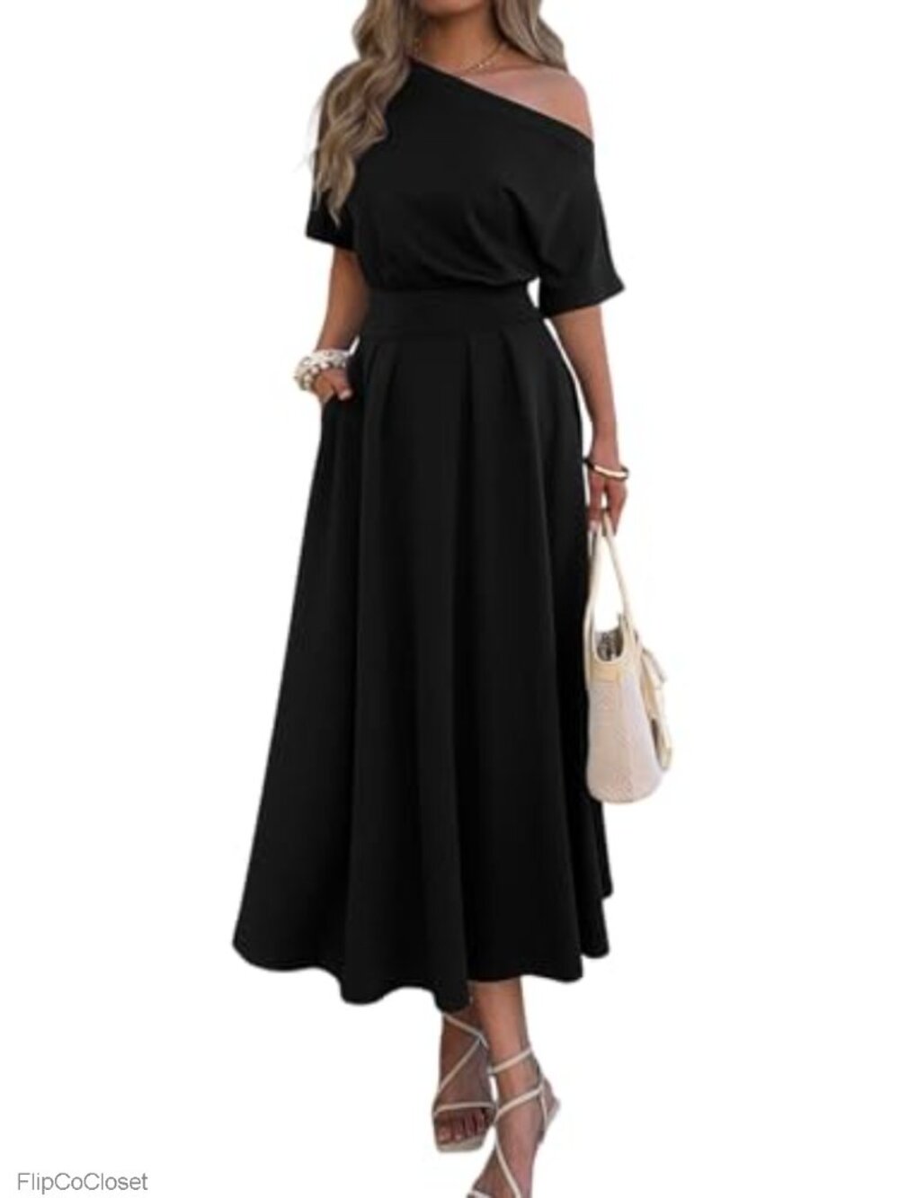 One Shoulder Empire Waist Maxi Dress with Pockets Rayon Blend